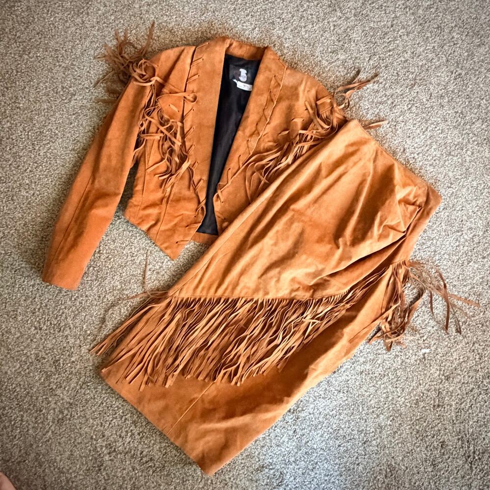 Vintage Phoenix USA Suede Fringe Jacket Skirt Set Brown Size Small